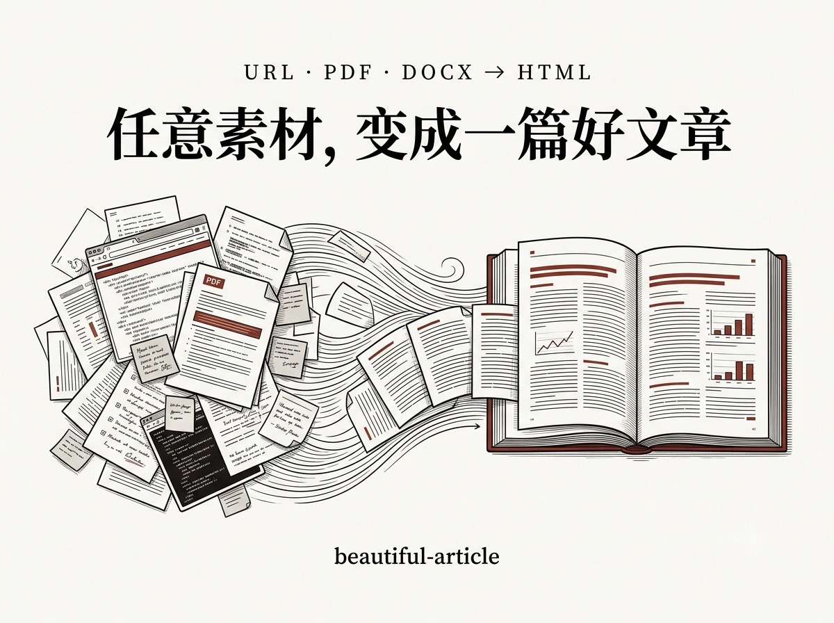 beautiful-article 封面：一堆散乱的原始素材（网页、PDF、文档、便签）沿流动的路径汇聚、转化成右侧一本排版精致的书
